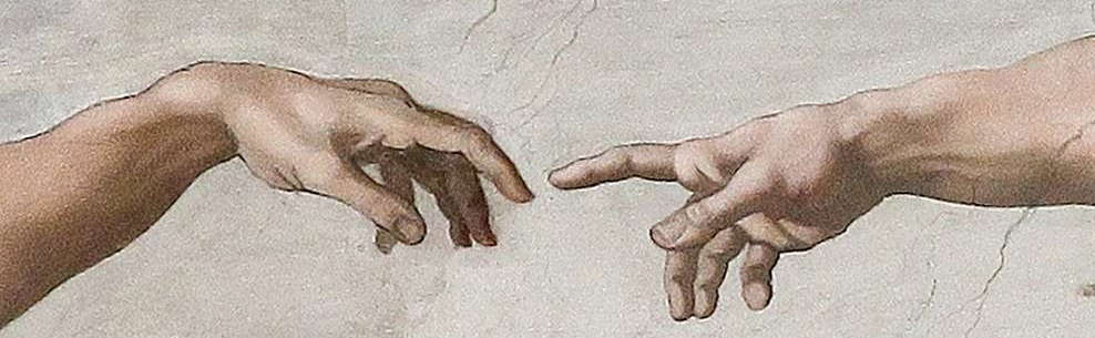 Detalle del fresco La creación de Adán: dos manos que casi se tocan, la de Dios extendida y la de Adán a punto de recibir el impulso.